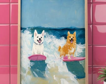 Konsttryck med surfhundar, illustration av strandäventyr (digital nedladdning)