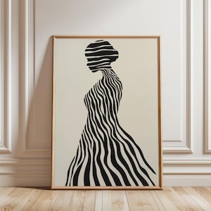 Electric Afro Woman, Contemporary Artwork, Abstract Modern Figurative Art Stripe Afro Woman, Modern Dance Art, Black and White Striped Dress