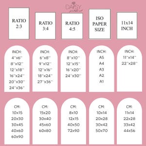 May include: A chart with different ratios and paper sizes for printing. The chart includes inch and centimeter measurements for each ratio and paper size. The chart is on a pink background.