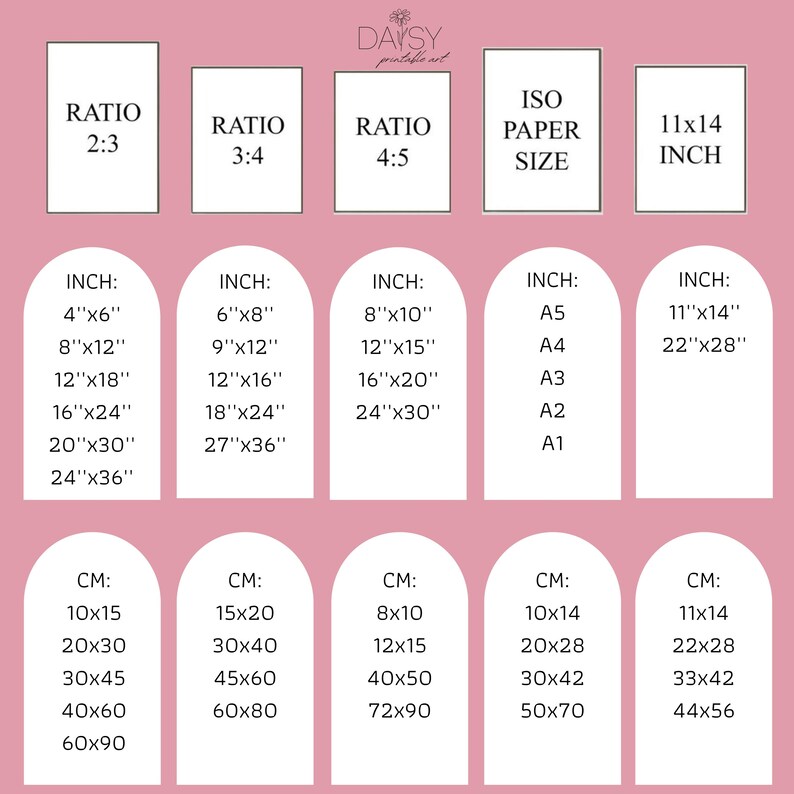 May include: A chart with different ratios and paper sizes for printing. The chart includes inch and centimeter measurements for each ratio and paper size. The chart is on a pink background.