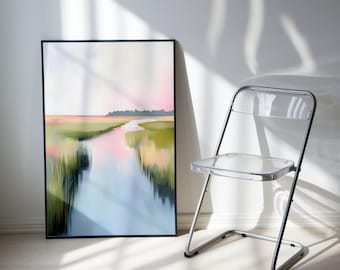 Colorful Wetlands Sunset Painting, Coastal Marsh, Pastel Marsh Sunset Landscape Painting, Pastel Summer Digital, Coastal Watercolor Wall Art