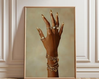 Trendy Black Woman Art Print, Gold Jewelry, Glam Wall Art (Digital Download)