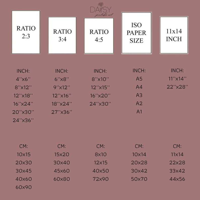 May include: A chart with print sizes in inches and centimeters, including ratios 2:3, 3:4, and 4:5, and ISO paper sizes. Sizes range from 4"x6" to 24"x36" and 10x15 cm to 60x90 cm. The text "DAYSY printable art" is at the top.