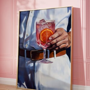Pink Bar Cart Print, Preppy Wall Decor Bar Cart Signs, Bar Cart Accessories Cocktail Painting, Retro Aesthetic Pink Vintage Bar Cart Print