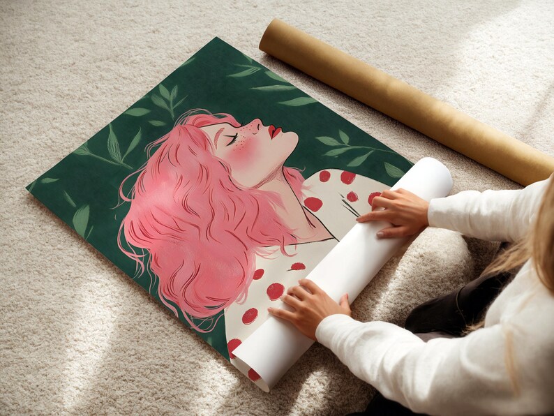 May include: A digital illustration of a woman with pink hair and red polka dots on her white shirt. She is lying down with her eyes closed and her head tilted back. The background is a dark green with leaves.