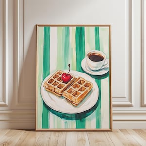 Retro Morning Breakfast Digital Poster Quirky Breakfast Print, Green Kitchen Wall Art, Fun Apartment Decor, Waffle Art Print, Waffles Poster
