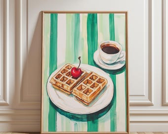 Retro Morning Breakfast Digital Poster Quirky Breakfast Print, Green Kitchen Wall Art, Fun Apartment Decor, Waffle Art Print, Waffles Poster