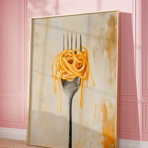 May include: A painting of a fork with a large amount of spaghetti on it. The fork is silver and the spaghetti is yellow. The background is a light brown with brushstrokes.