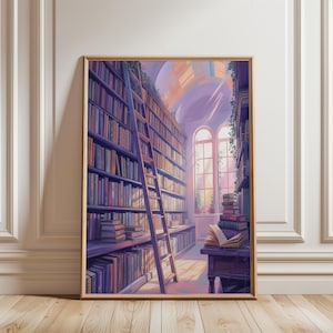 Pastel Library Art Print, Bookshop Poster | Book Nook Decor | Romantic Bookshelf Decor | Reading Nook Artwork, Floral Bookshelf Art Pink