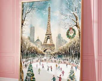 Paris Weihnachten Eislaufen Kunst, Eiffelturm Winterszene Drucke, Festliche Feiertags Wandkunst, Stadt Landschaftsmalerei, Paris Weihnachtsdekor