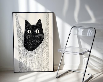 Black Cat Poster, Funny Cat Poster, Cute Kitten Illustration, Cat Lover Gift, Animal Poster, Psychedelic Poster, Trippy Print, Trendy Wall