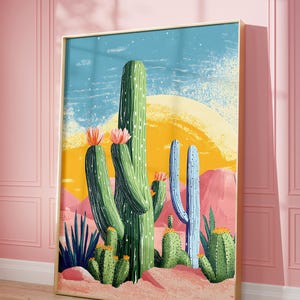 Mexikanische Wüste Pink Kunstdruck, Kaktus Girly druckbare trendige druckbare Wandkunst, Arizona Landschaft, Boho Wüste, digitale Kunst, Wanddekor,