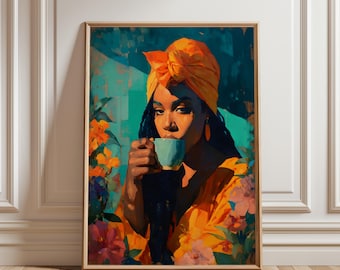 Black Woman Coffee Art Print, Floral Turban (Digital Download)