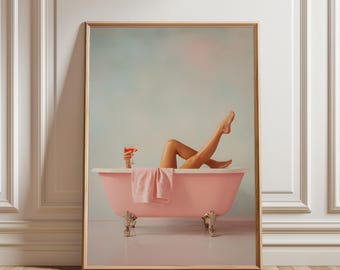 Pink Clawfoot Bathtub Art Print, Glam Self Care Bathroom Decor (Digital Download)
