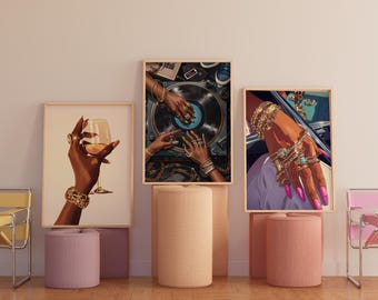 3 Set Wall Art, set of  3 piece wall art,Black Woman Art, Black Woman Wall Art, Trendy Wall Art, Black Girl Wall Art, Fashion,  Song Lover,