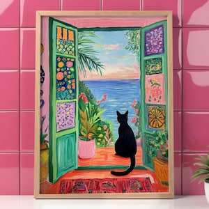May include: A painting of a black cat sitting on a windowsill looking out at a seascape. The window is open and has colorful patterned glass. The cat is silhouetted against the blue water and sky.