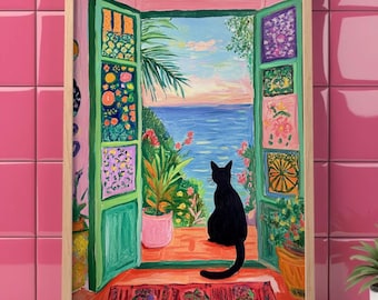 マティス「開いた窓」猫のプリント、黒猫マティスポスター、モダンな壁アート猫ポスター、かわいい黒猫プリント、アンリマティスポスター面白い猫