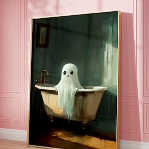 Ghost in Bathtub Print, Halloween Printable Wall Art, Halloween Bathroom Decor, Trendy Wall Art, Hallowen Day Print, Sheet Ghost, Vintage