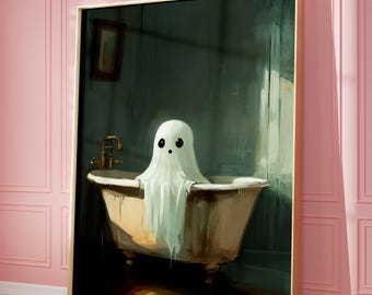 Ghost in Bathtub Print, Halloween Printable Wall Art, Halloween Bathroom Decor, Trendy Wall Art, Hallowen Day Print, Sheet Ghost, Vintage