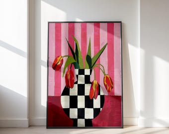 Contemporary, Scandi Modern Checkered Retro Floral Print, Botanical Art Print Pink vase Tulips in a Checkered Vase Printable Art Floral
