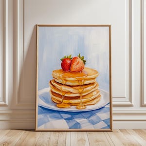 Strawberry Pancake Art Print, Breakfast Wall Decor, Cozy Kitchen Printable, Food Illustration, Pancakes and Syrup Art, Brunch Home Art, Y2k