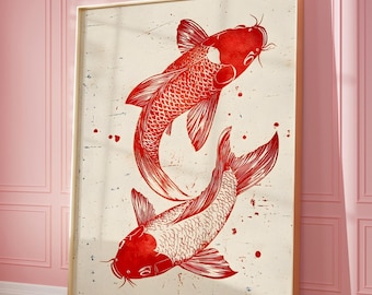 Red Koi Fish Print, Japanese Retro Art (Digital Download)
