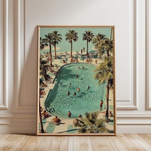 People at Pool Print, Retro Swimming Pool, Swimming Pool Print, Pool Illustration, Watercolor Swimming Pool Vacation Poster Summer Nostalgia