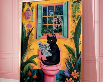 May include: A black cat sits on a pink toilet in a bathroom with a window and plants. The cat is reading a newspaper titled "The Evening News".