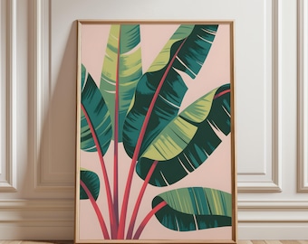 Banana Leaf Wall Art Print, Banana Leaves Tree Wall Art Print Poster, Trendy Botanical Leaf Wall Art, Green Pink Plant Poster, Banana Leaves