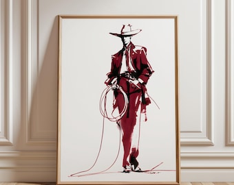 Impresión de vaquero de vino tinto, pintura de estilo editorial burdeos, decoración de vaqueros de moda, decoración de pared con dibujo de líneas del oeste, arte de pared occidental moderno,