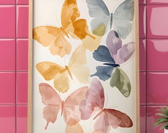 Colorful Butterfly Printable Wall Art, Pastel Pink Girls Room Decor, Butterfly Print, Pastel Butterfly Painting, Animal Watercolor Kids Room