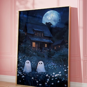 Halloween Wall Art, Botanical Ghost Painting, Ghosts in Garden, Dark Academia Decor, Spooky Ghost, Trendy Wall Art, Halloween Ghost Print,