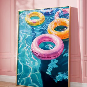 Colorful Inner Tube Painting, Pink Striped Inner, Summer Preppy Decor, Pastel Summer Pool Float Wall Art Print, Beach House  Girly Coastal