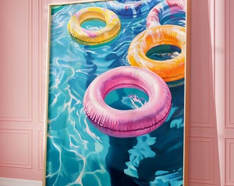Colorful Inner Tube Painting, Pink Striped Inner, Summer Preppy Decor, Pastel Summer Pool Float Wall Art Print, Beach House  Girly Coastal