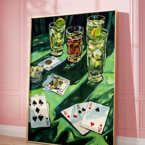 Dekoracje na noc pokera, plakat klubu pokerowego, wydruki koktajli i kart, sztuka ścienna na wózek barowy, sztuka ścienna Preppy, dekoracje koktajlowe, noc pokera retro, y2k
