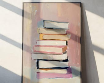 Pastel Book Stack Painting, Colorful Bookshelf Wall Art (Digital Download)