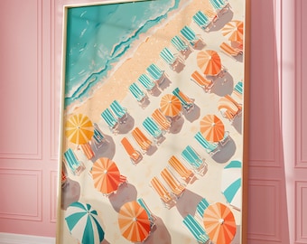 Striped Beach Umbrella Painting, Tropical Summer Printable with Palm Trees, Colorful Coastal House Wall Art Print, Vibrant Beach Home Decor