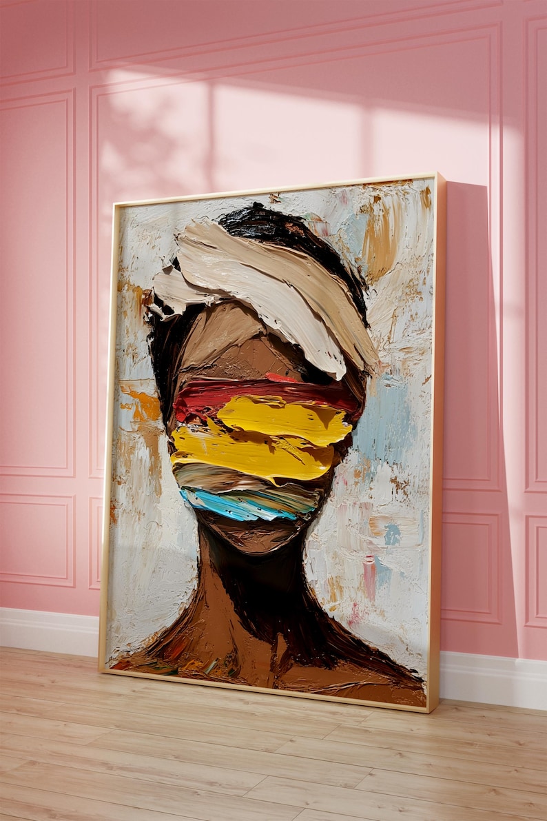 May include: Abstract painting of a person's face with colorful stripes covering the eyes. The painting is done in a thick, textured style with a palette of brown, white, yellow, red, blue, and green.