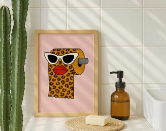 Luipaardprint toiletpapier popart digitale download – grappige retro poster badkamer muurdecoratie, eigenzinnig luipaardpatroon afdrukbaar cadeau