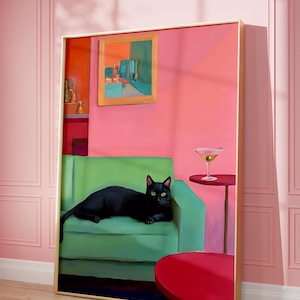 Schwarze Katze mit Martini Art Print, Cocktail Art, Bar Dekor, Fine Art Print, Trendy Katze Poster, Bunt Küchen Dekor, Wohnung Dekor
