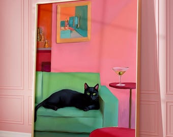 Black Cat with Martini Art Print, Cocktail Art, Bar Cart Decor, Fine Art Print, Trendy Cat Poster, Colorful Kitchen Decor, Apartment Decor