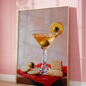 Wydruk z krakersami Martini i serem, wydruk z baru, dekoracja baru Cocktail Art, elegancki obraz olejny, modna ściana kuchenna, uroczy, dziwaczny, kapryśny