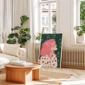 May include: A digital illustration of a woman with pink hair and a white dress with red polka dots. She is surrounded by green leaves and has her eyes closed.
