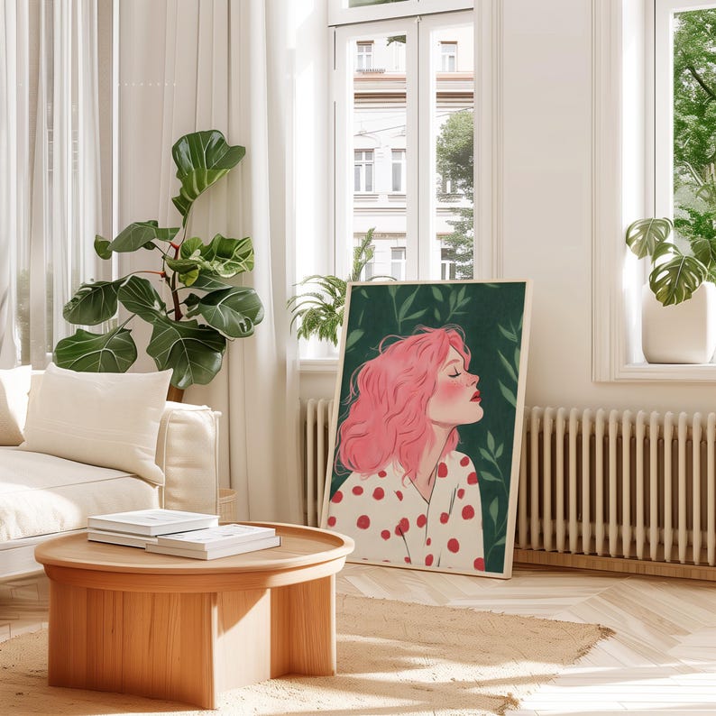 May include: A digital illustration of a woman with pink hair and a white dress with red polka dots. She is surrounded by green leaves and has her eyes closed.