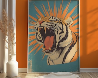 Ryczący tygrys, wydruk artystyczny, duży kot, grafika ścienna do druku, sztuka boho z tygrysem, pobieranie grafiki cyfrowej, dekoracja ścienna, grafika ścienna z kotem, plakat z tygrysem