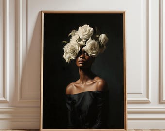 Zwarte vrouw hoofd bloemen kunst aan de muur, African American zwart, bloemenvrouw poster, zwarte kunst, zwart meisje print, bloemenvrouw schilderij, zwarte kunst
