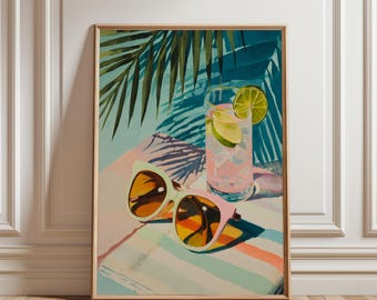 Cocktail Poster, Coastal Wall Art Printable with Lemon, Sunglasses and Palm Leaves, Tropical Dopamine Decor, Tropical Cocktail Wall Art,