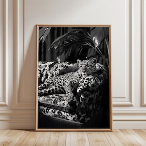 Panther on the Sofa Print, Black & White Vintage Photography, Cheetah Poster, Black and White Wall Art,  Fashion Print Trendy Wall Art 1950s