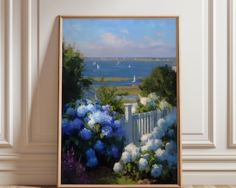 Elegant Seaside Hydrangea Landscape Art Print, Seaside Floral Scenery Coastal Wall Art Print Hydrangeas & Ocean View, Nautical Beach Cottage