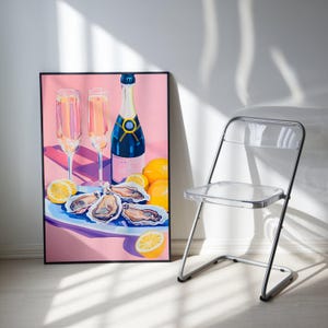 Afternoon Oysters, Wine & Sea Food Illustration Print, Glass of Wine and Oysters, Restaurant Wine Sea Food Prints, Oysters Lemons